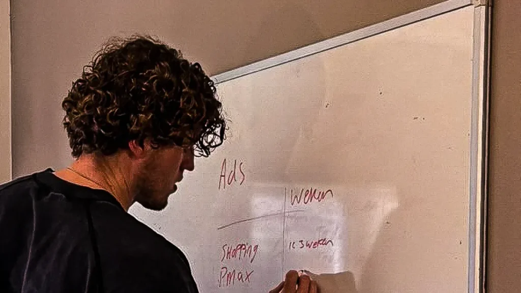 AI marketing in de praktijk: een Google Ads-strategie met Shopping en PMax op een whiteboard bij Nuzichtbaar