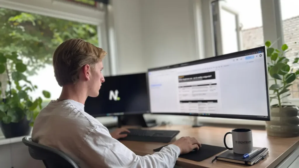 Daniel van Nuzichtbaar werkt achter zijn bureau aan een SEO-tekst op een breed beeldscherm