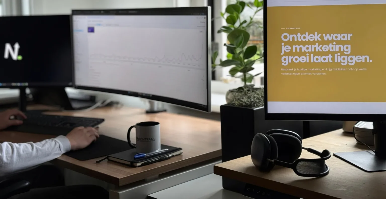 Werkplek van Nuzichtbaar met webanalyse op een breed scherm, waar we werken aan SEO voor webshops